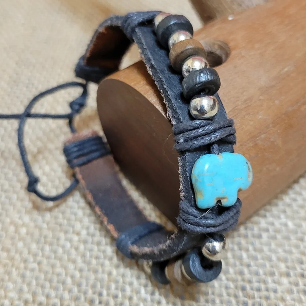 Elephant Leather Adjustable Bracelets Blue Turquoise steel Beads